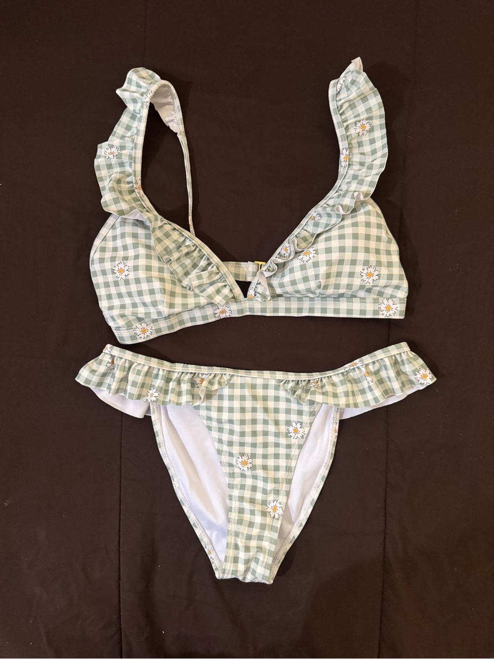 Green Gingham Ruffle Bikini Set with Daisy Accents